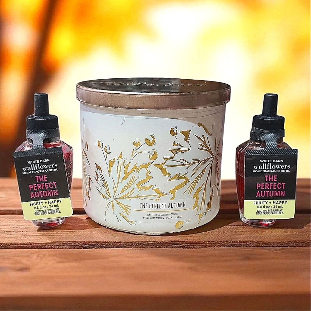 THE PERFECT AUTUMN 3-WICK CANDLE & WALLFLOWER REFILLS BY BATH AND BODY WORKS